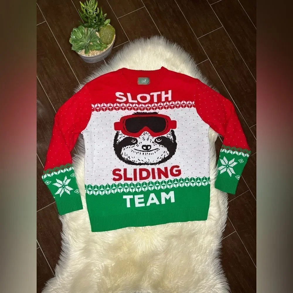 T Stars Ugly Christmas Sweater “Sloth Sliding Team” Sz Large